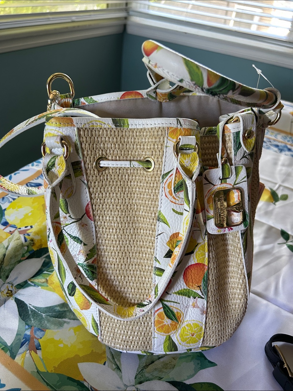 Floral Citrus Genuine Leather and Straw Bag. NEW WITH TAGS. White & Natural